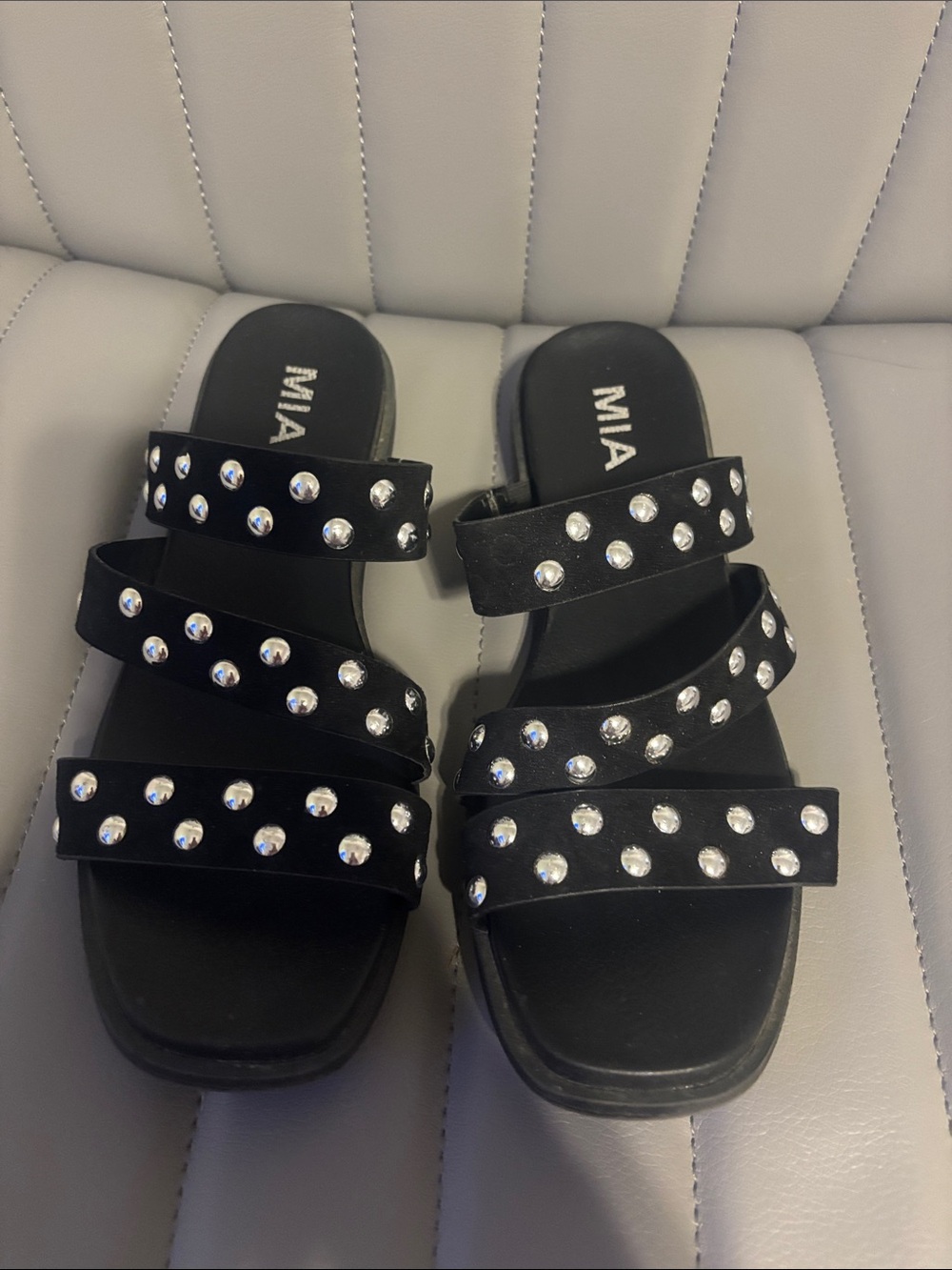 MIA Black Triple-Stud Slide Sandals